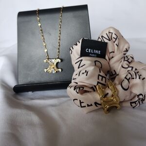 Celine Gold Triomphe Pendant Necklace with Off White Logo Scrunchie